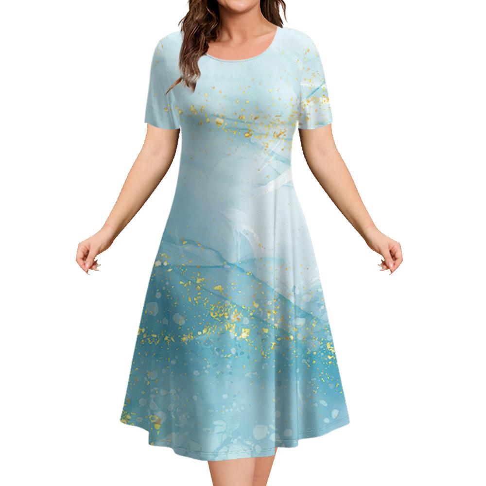 2026 New Summer Loose A-line Dress 3D Printing Short-sleeved Women's Evening Dress Women's Elegant Fashion Round Neck Dress