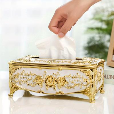 [Taschentuchbox mit Rosenmuster] Vergoldete Luxus-Taschentuchbox - Rosenmuster, Europäischer und Amerikanischer Stil - Geeignet für mehrere Räume und Anlässe
