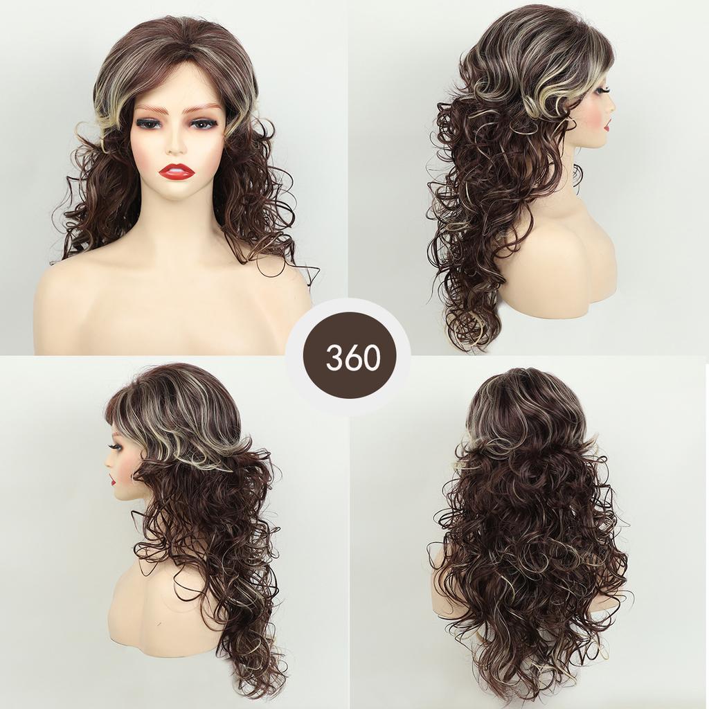 Peluca rizada de longitud media Pelucas de cabello sintético Mezcla dorada Peluca completa de mujer rubia marrón Estilo de cabello diario natural Resistente al calor