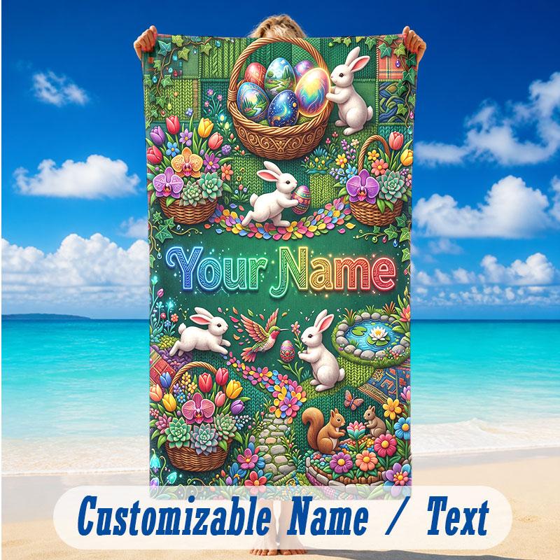 Easter Bunny Theme Beach Towel Personalized Custom Name & Text Soft Quick Dry Beach Towel for Swimming Travel