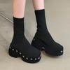New Thick-Soled Platform Heel Riveted  Ankle Boot Punk-Style Women'S Fall-Winter Stretch Short Boots Heightening Plus Size 42