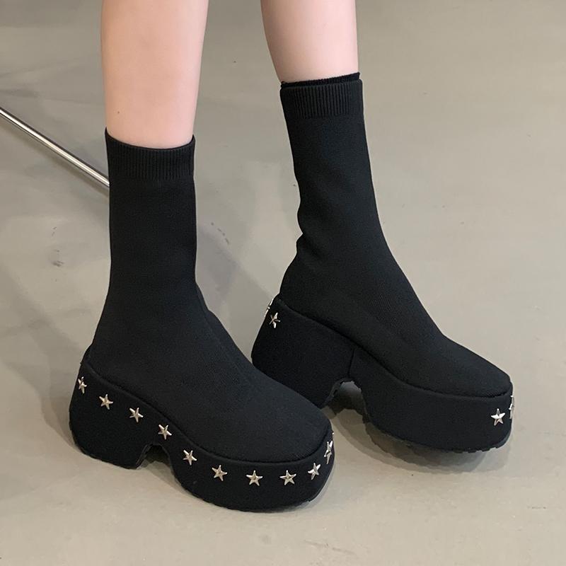 New Thick-Soled Platform Heel Riveted  Ankle Boot Punk-Style Women'S Fall-Winter Stretch Short Boots Heightening Plus Size 42