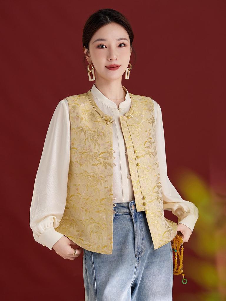 Elegant Jacquard Frog Button Mulberry Silk Vest - Women's 2025 Autumn Slimming Cardigan