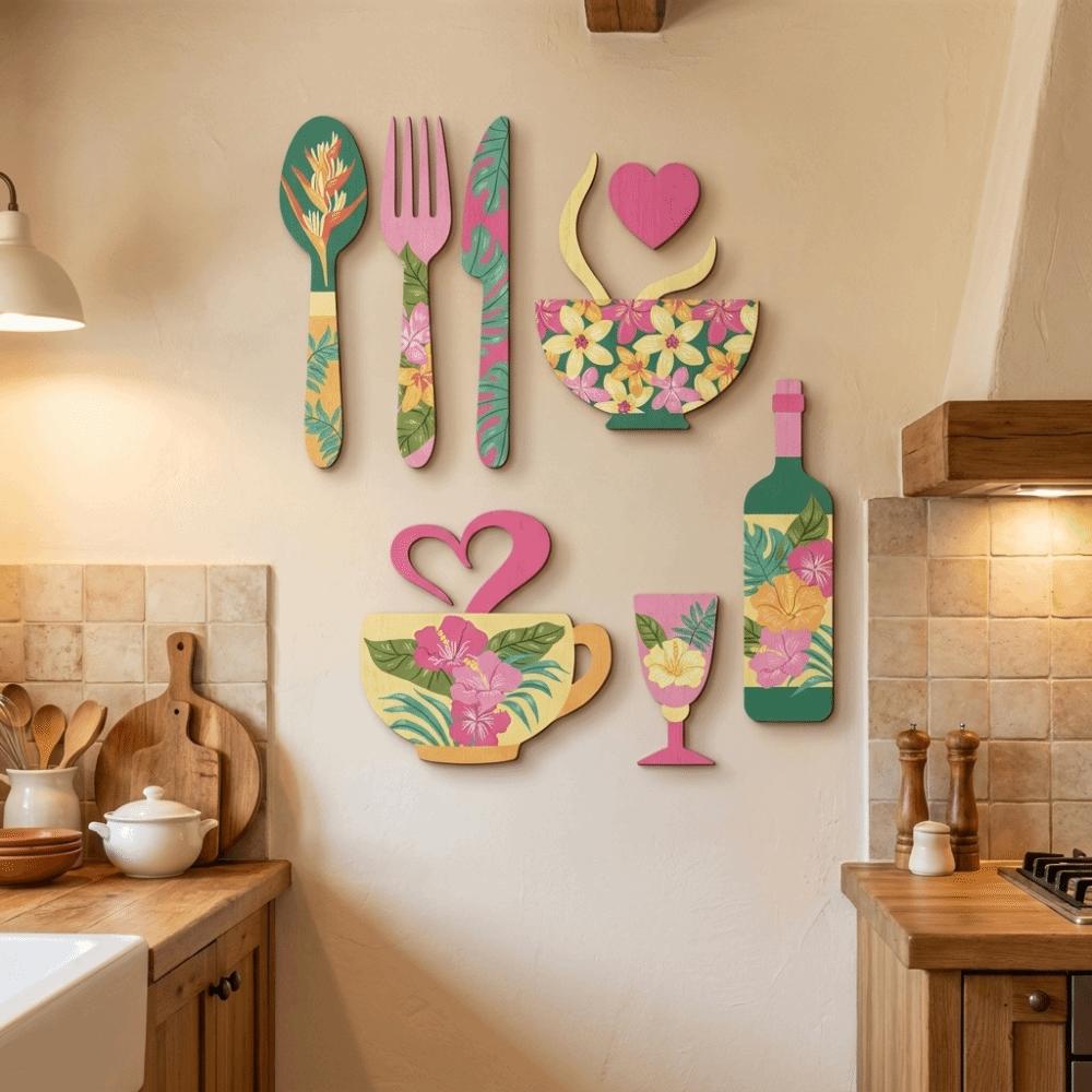 8PCS/SET Fork Wooden Wall Sticker Ornaments Floral Coffee Element Wall Plaques Cafe Decoration