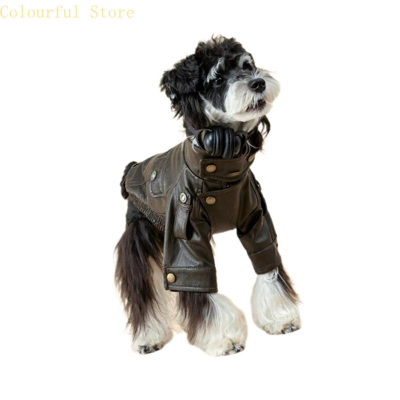 Small Dog Leather Jackets Motorcycles Styles Cyclists Coat with Metal Button Shoulder Belt Warm Fall Winter Pet Costume
