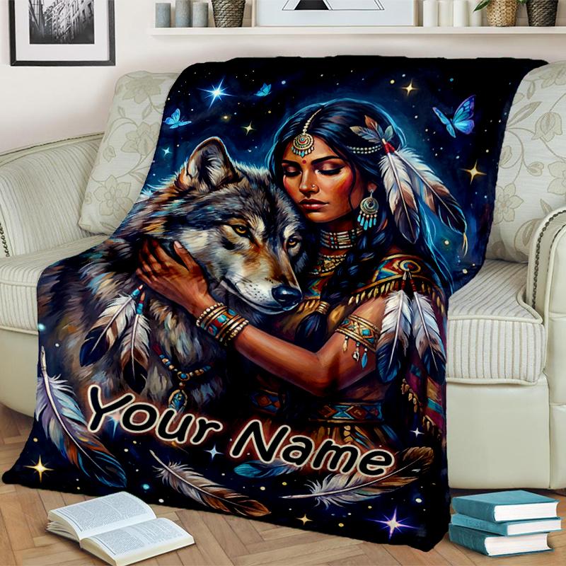 1PC Custom Name Wolf Spirit Connection Flannel Blanket Versatile,all-season Throw Suitable for the Living Room,bedroom,camping,travel,and Gift
