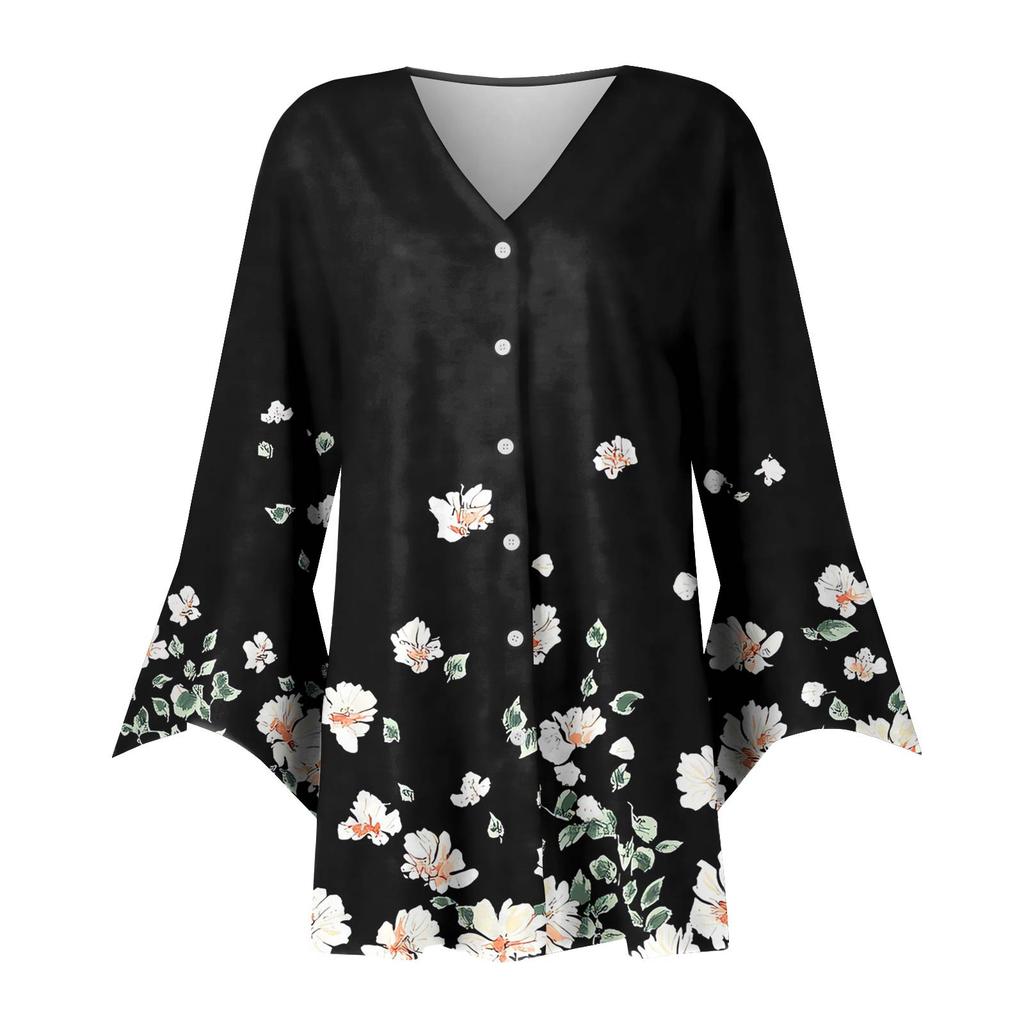 Women's Fashion Loose Casual Printed Seven-Part Sleeve Button Down Blouse Cardigan Top