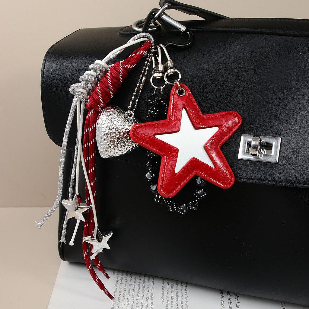 Sweet Cool Star Pattern Makeup Mirror With Beaded Butterfly Pendant For Fashionable Handbags