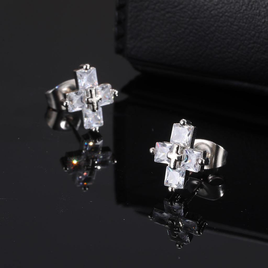 Cross Zircon Stud Earrings for Men Boys,Hip Hop Black White CZ Stone Metal Earring,Trendy Jewelry Gifts