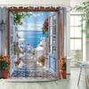 Tenda Doccia Isole Greche - Edifici Bianchi, Mare Azzurro e Fiori, Scena Mediterranea Vivace, Resistente all'Acqua