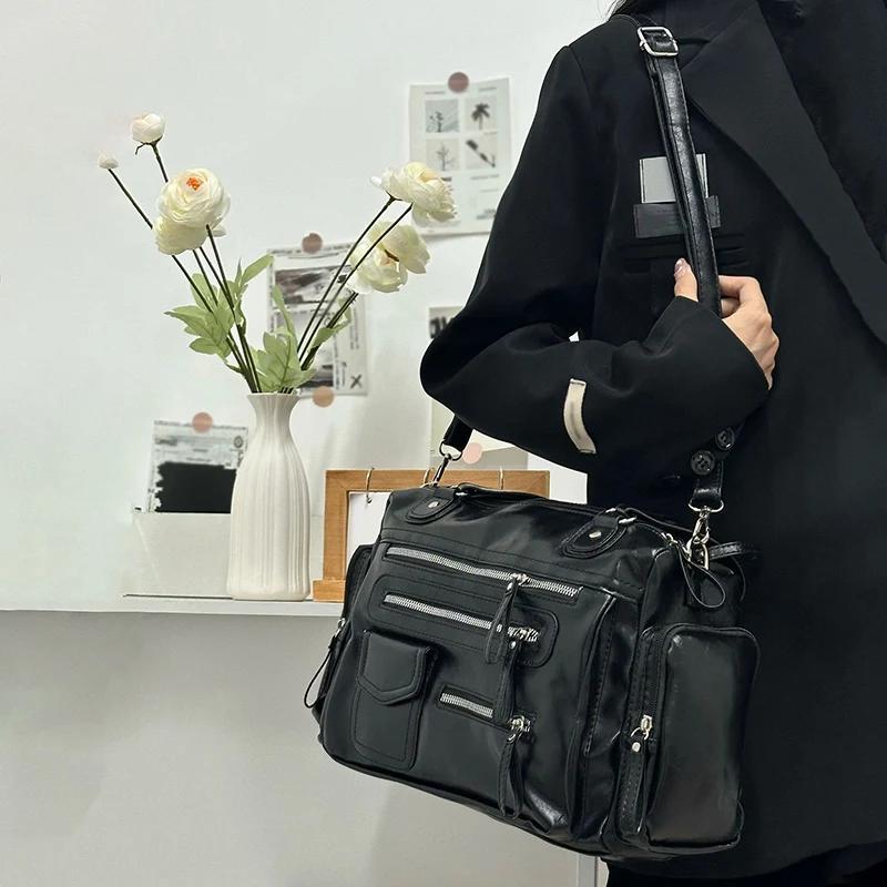 Retro Tote Bag PU Soft Motorcycle Bags Travel Zipper Pocket Fashi Crossbody Pack Outdoor Camping Hiking Weekend Satchel Women