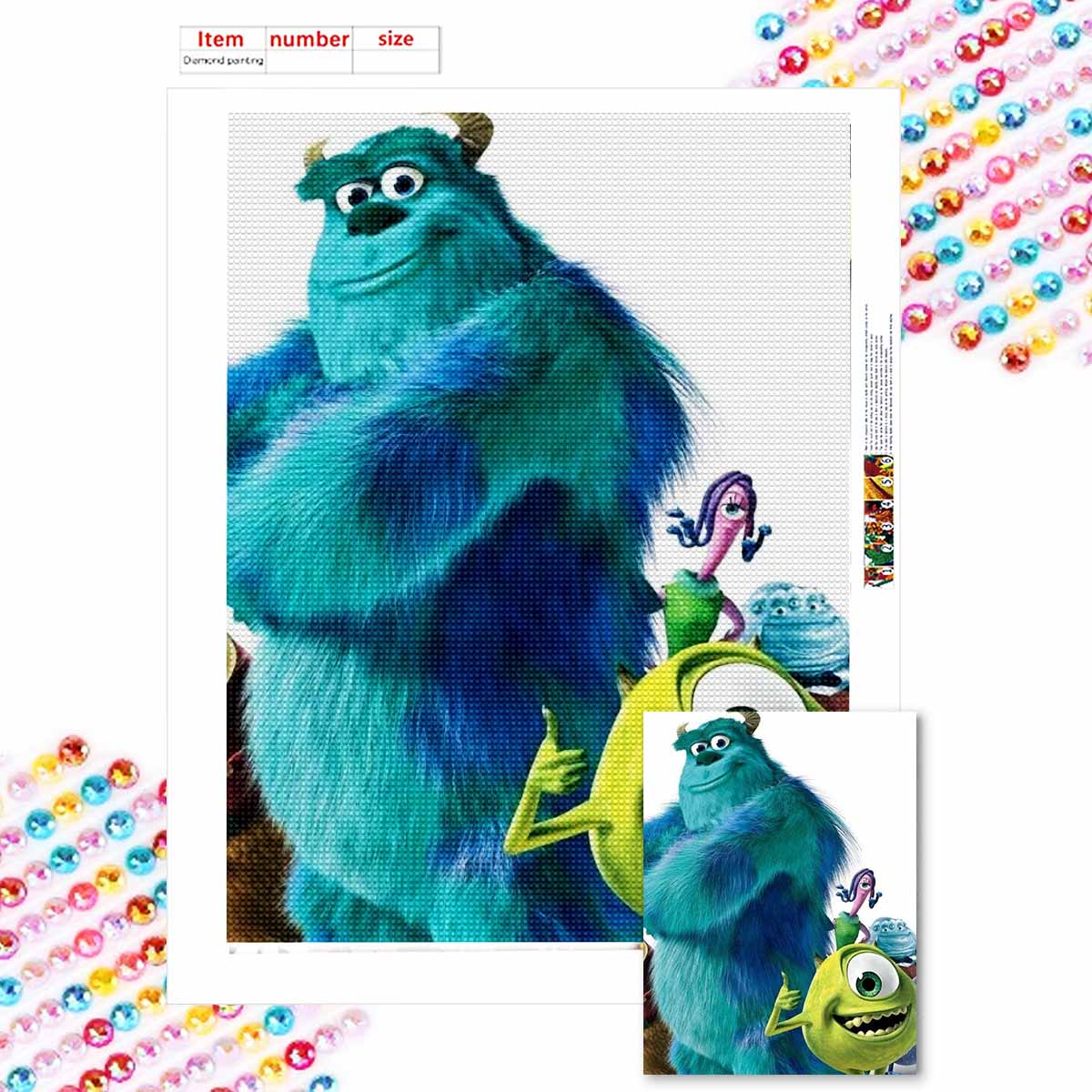 

5D Diy Diamond Painting Big-eyed Boy and Green-haired Monster Full Drill Rhinestones Mosaic Embroidery Handmade Products Home Decor Gift Round 20x30cm