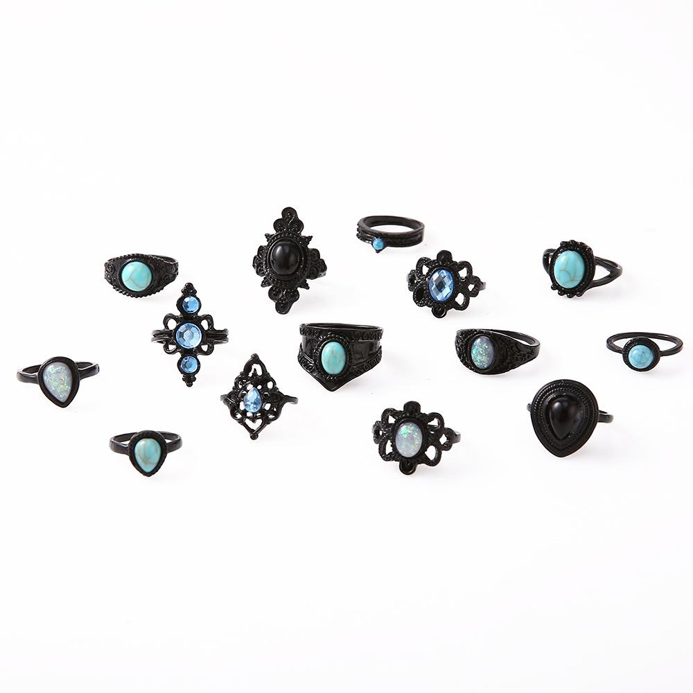 Cat's Eye Ethnic Style Turquoise Ring Blue and Black Ring 14-piece Ring Set