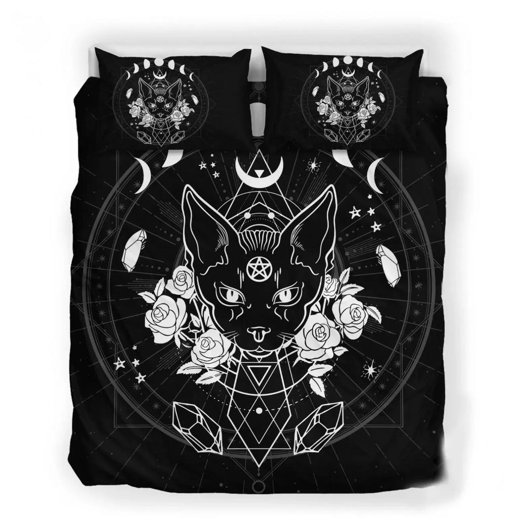 Wiccan Occult Black Cat Duvet Cover Set,Gothic Black Cat Bedding Sets Mysterious Sun And Moon Comforter Cover Queen Size