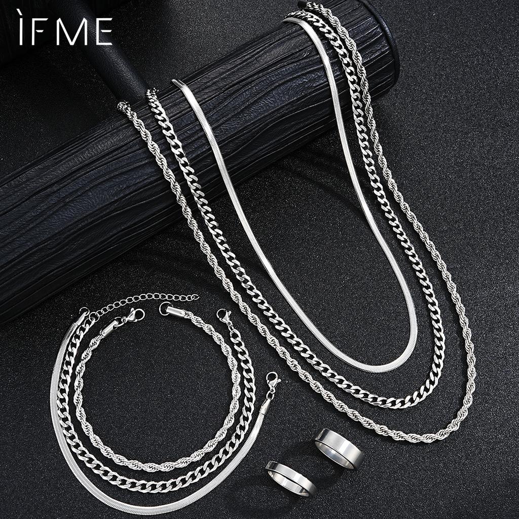 iF ME 8pcs Stainless Steel Ring, Bracelet, Necklace Set, Steel Color Men's and Women's Hip-hop Jewelry Accessories, A Gift for Son and Husband