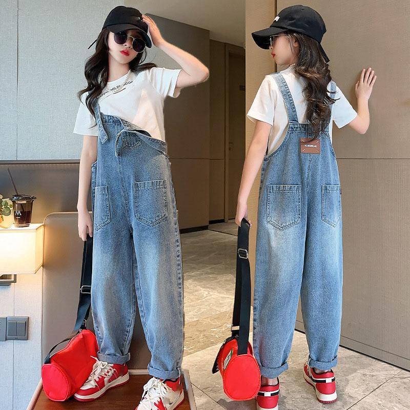 Girls Suspenders Jeans Spring Autumn Sweet Wide Leg Vintage Casual Denim Jumpsuit High Waist Loose All-Match Pants Clothes