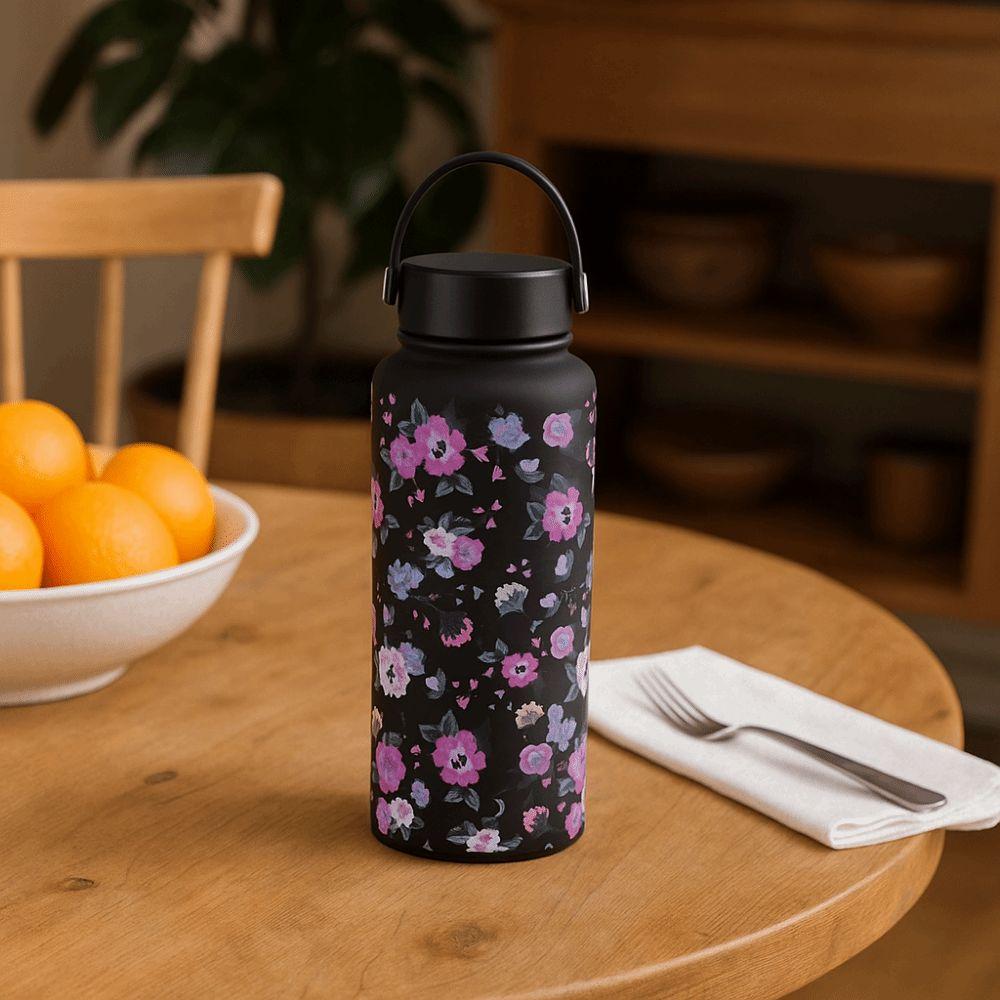 Portable Insulated Water Bottle 1L Floral Thermal Cup Outdoor Insulated Mug  Kitchen Supplies