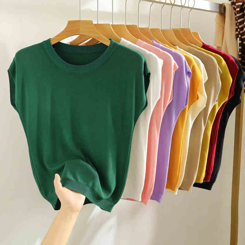 Summer Round Neck Knitted Casual Women's T-shirt Elegant Loose Ice Silk Thin Fit Solid Color Short Sleeve Tee Tops Ladies Simple Fashion T Shirt 3097