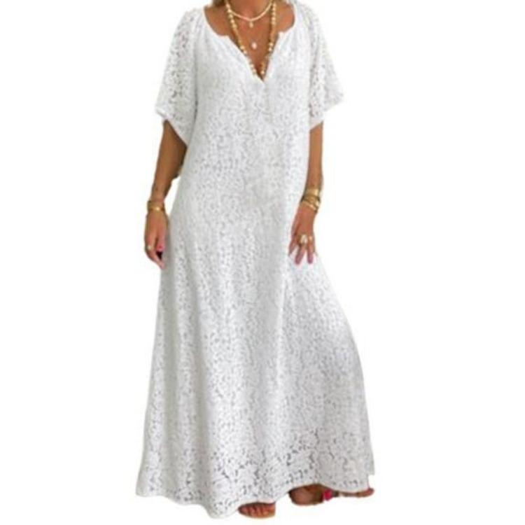 Bequemes Spitzenkleid mit V-Ausschnitt, elegantes Sommerkleid, auffällige Accessoires, atemberaubende Taille