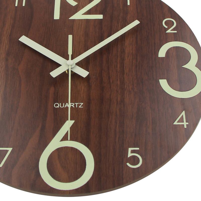 Round Luminous Wall Clock Glow In Dark Wooden Silent NonTicking Modern Style for Bedroom Decor