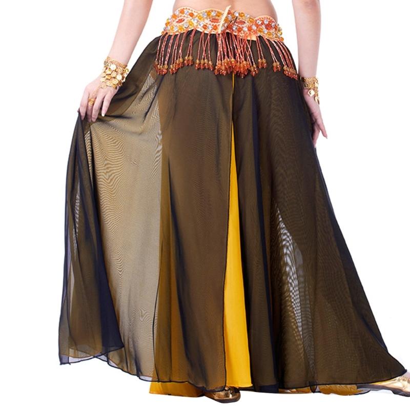 Belly Dance Skirt Double Slits Dance Training Dress Chiffon Long Skirt for Professional and Beginner