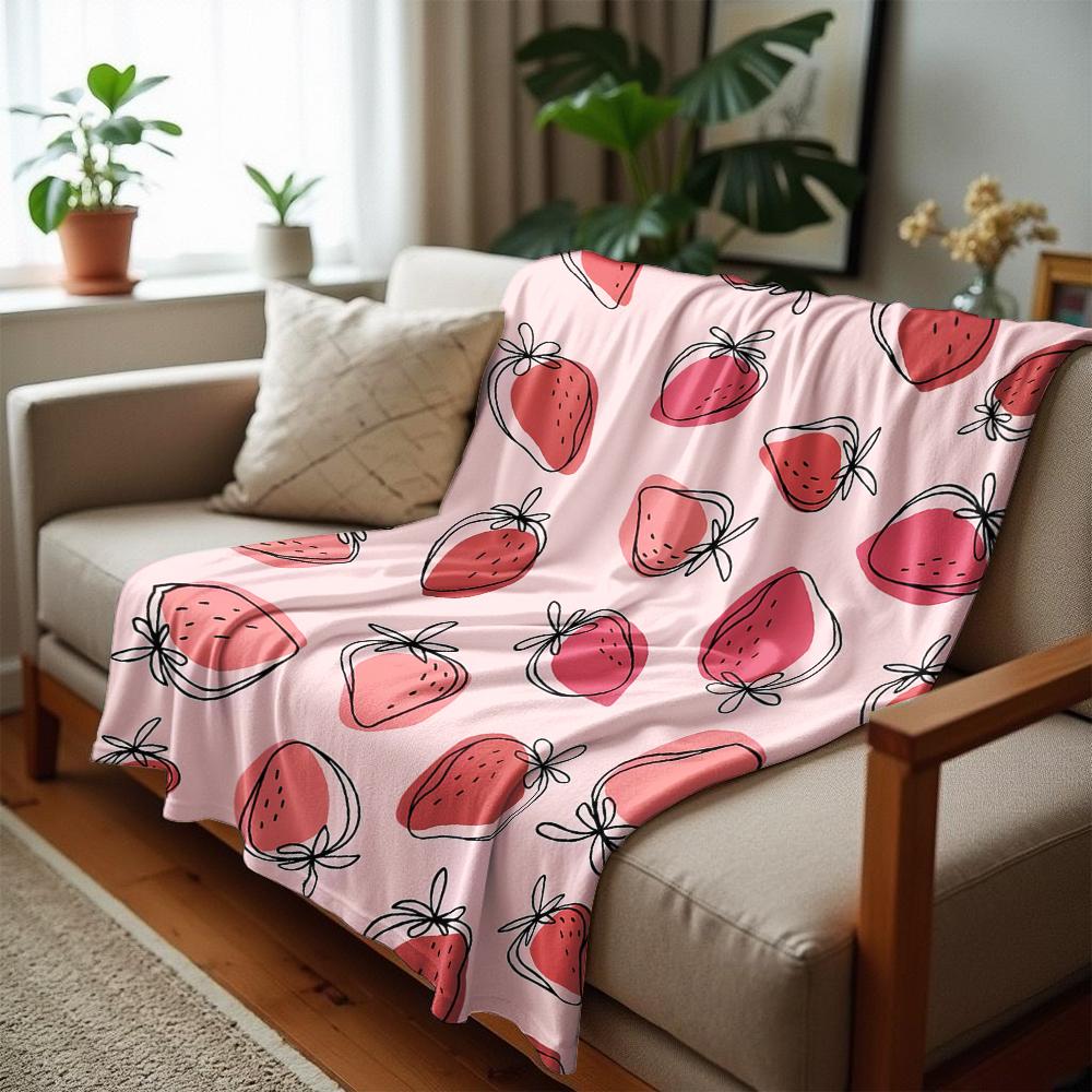 Doodle Strawberry Cartoon Anime Print Flannel Blanket Soft Warm Throw for Kids Bedroom Sofa Christmas Office Car