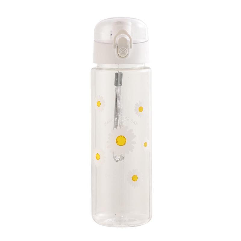 600ml Cute Daisy Clear Plastic Water Bottle Portable Sports Tumbler Outdoor Water Drinking Bottle With Carrying Strap 600mL