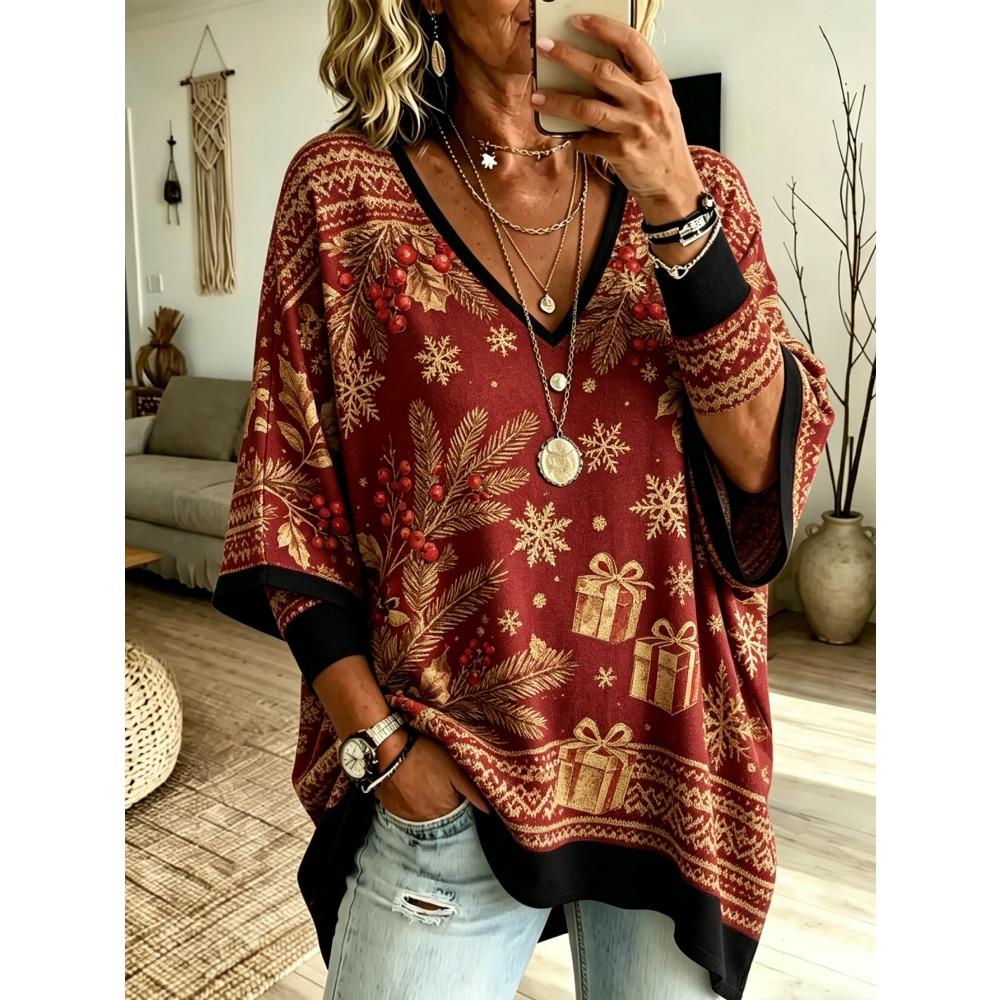 Plus Size Women's Simple Bohemian Pattern Print V-neck Top Three-quarter Sleeves Loose Plus Size Casual Daily T-shirt