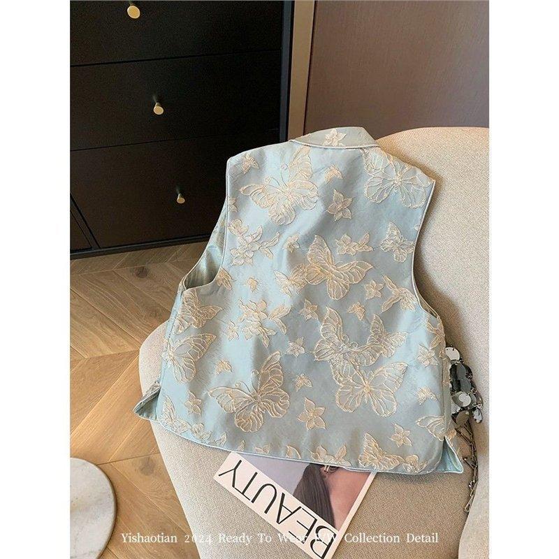 2025 Vest Jacquard Stand-up Collar Disc-buckled Vest Women's Sweet Temperament Vest Women's Vest