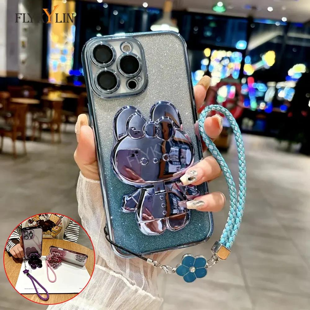 Luxury Glitter Rabbit Mirror Phone Case For Honor X6 X6S X7 X7A X8 X8A X8C 4G X8B X9 X9A Four Leaf Clover Hand Rope