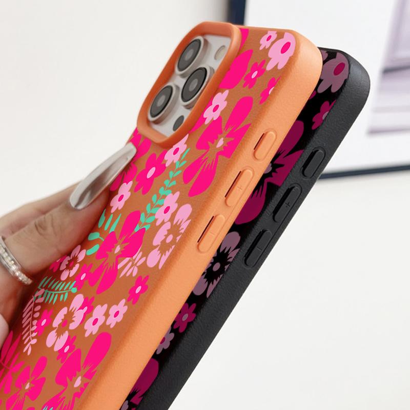 Vibrant Magenta Floral Design Flexible & Durable Shockproof Soft TPU Leather Texture Cover Case for iPhone 17 Pro Max Air 16e 16 15 14 13