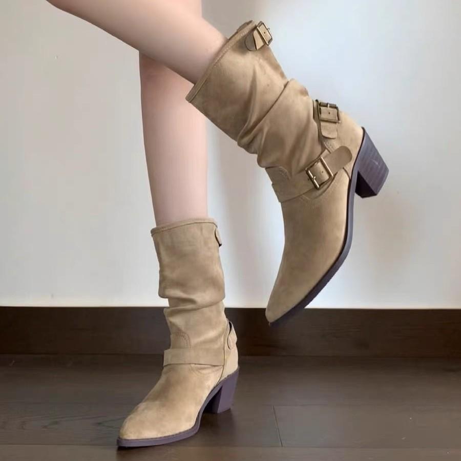 Retro suede belt buckle thick heel medium boots women's new western style thin babes pile boots