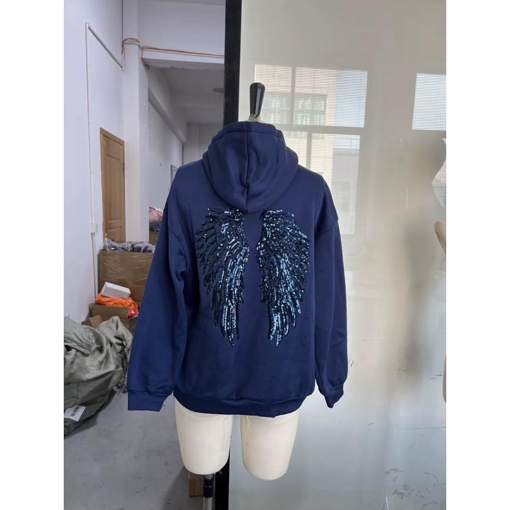 2KWEIRD Women's Shinny Sequin Angel Wings Hooded Jacket Pant Long Sleeve Loose Casual Hooded Pullover New Lady Y2K Autumn Outwears