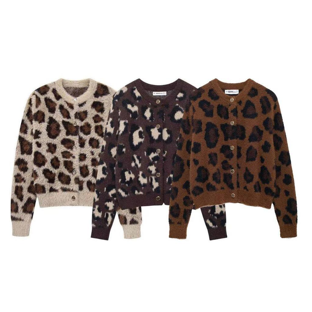 European & American Women's Round Neck Animal Print Faux Fur Knitted Cardigan Coat - Winter Collection