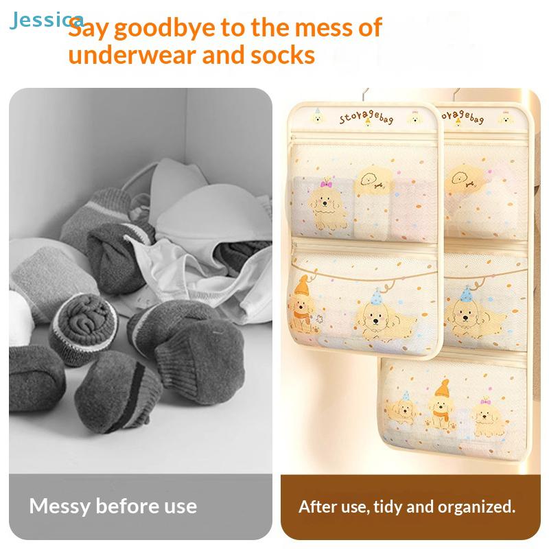Cute Dog Print Closet Organizer - Hanging Mesh Bag With Zipper Pockets For Socks Bras