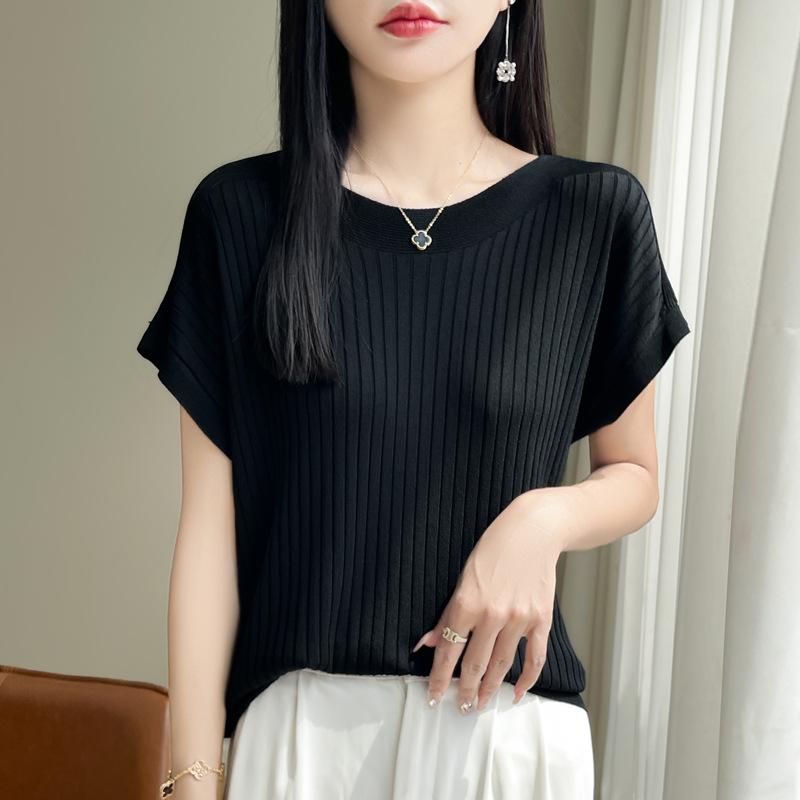Summer Women's Slash Neck Women Sweater Ice Silk Spring Knitted Sweater Loose Casual Shirts Short Sleeve Knitwears