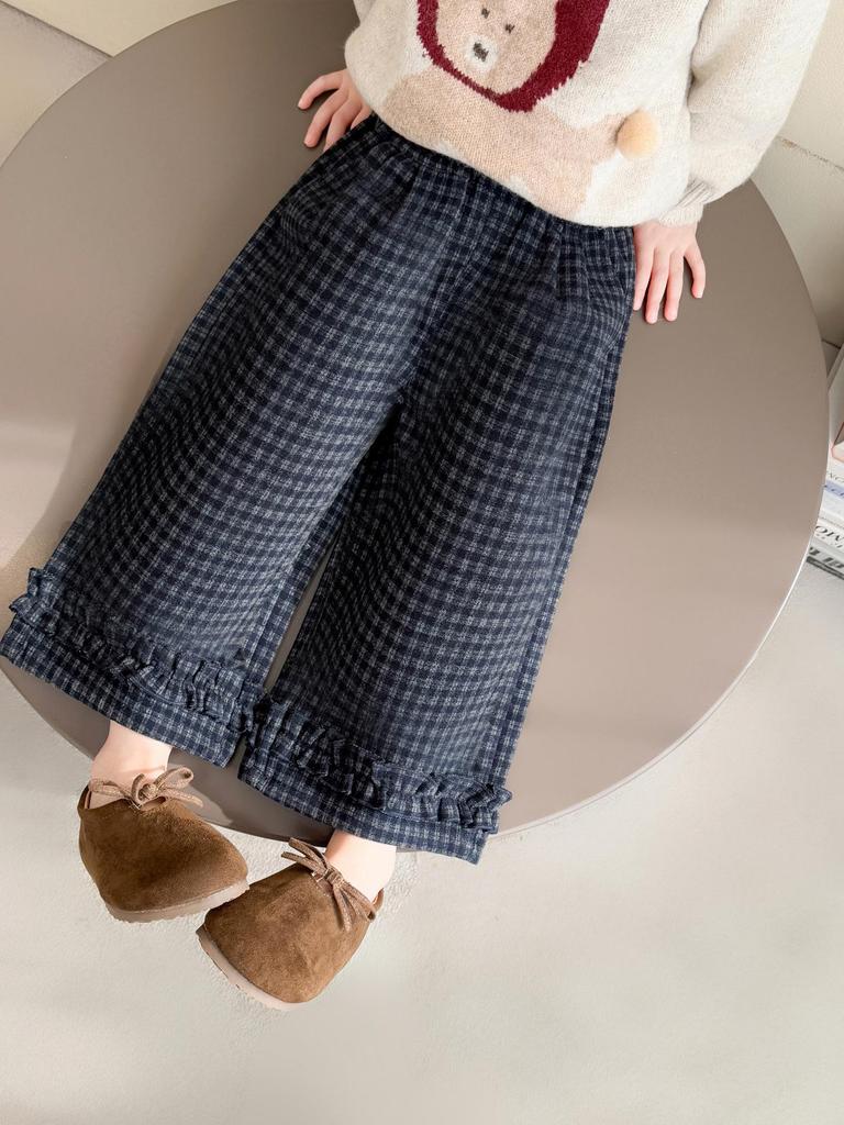 Herbst 2025 Karierte Spitzenhose mit geradem Bein für Mädchen – Stilvolle und vielseitige Freizeitkleidung