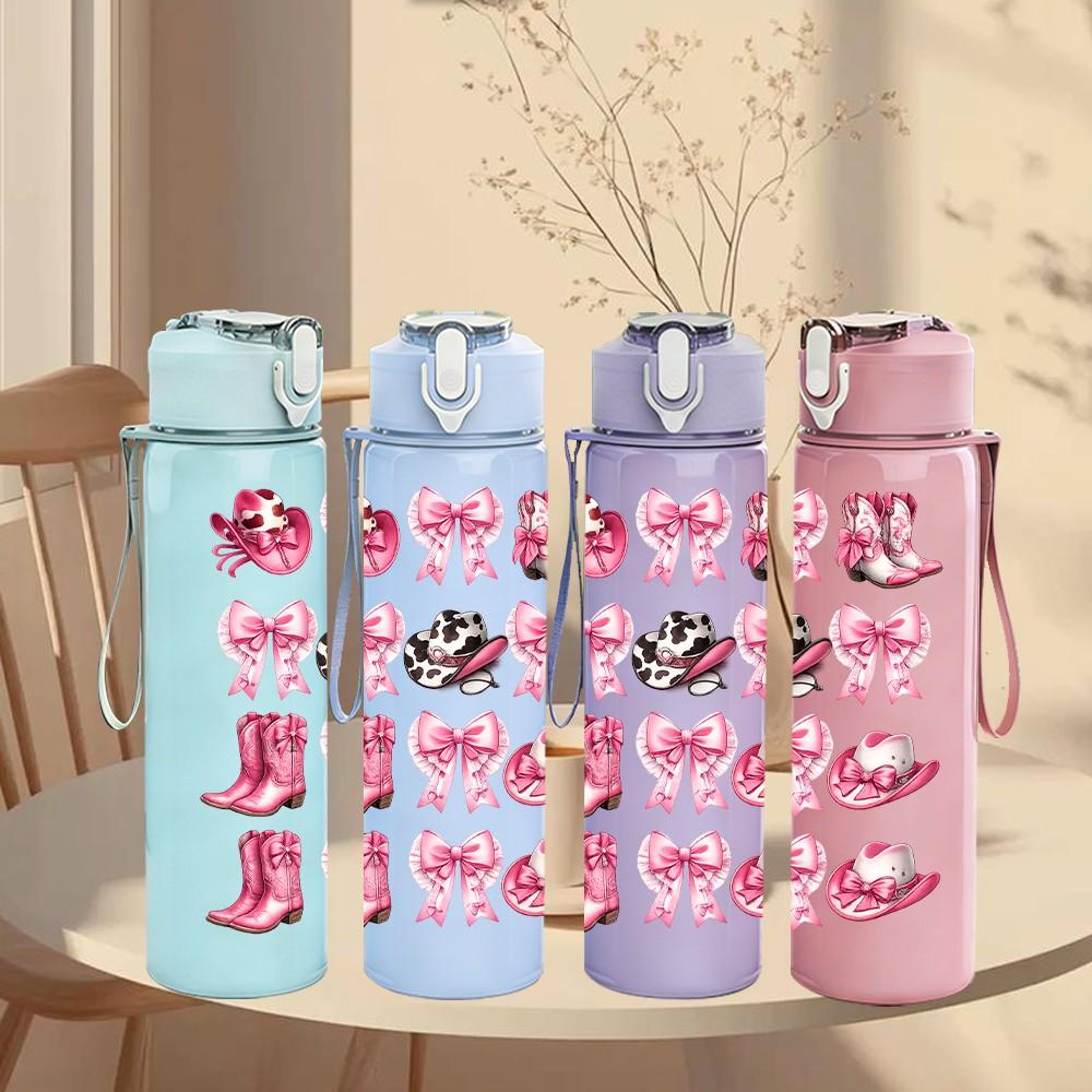 1PC Multicolor Stacked Bow Ribbon Print 750ml Color Plastic Sports Water Bottle Leakproof Flip Straw Lid Suitable for Sports Office Home Use
