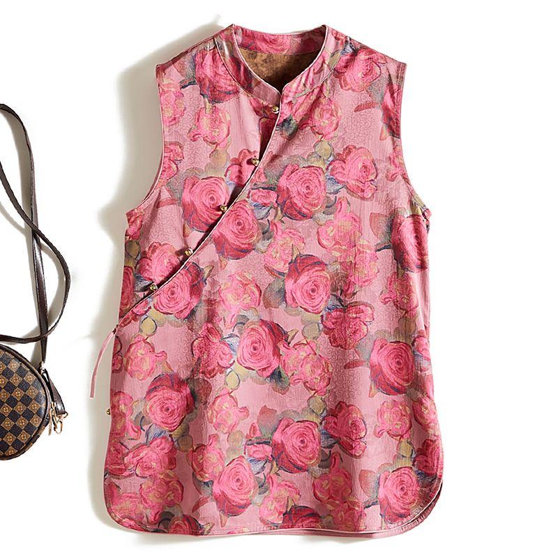 

New Chinese Style Satin Poplin Cotton Women Stand Collar Sleeveless Oval Swing Long Vest Age-Reducing Breathable Side Slit T-shirt Pink L