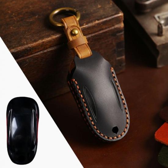 Genuine Leather Car Remote Key Fob Case Cover Shell Holder For Tesla Model X