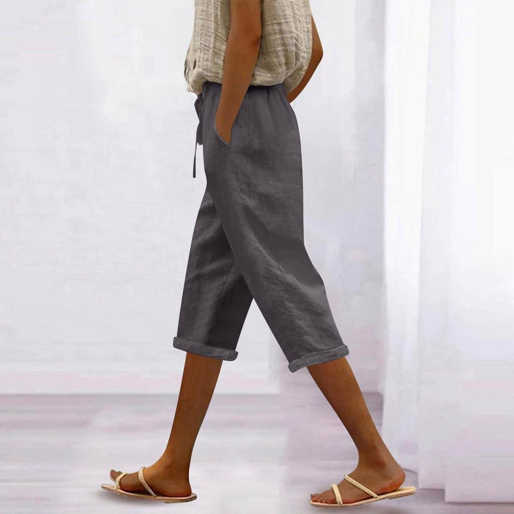 Women’s Linen Cropped Wide Leg Pants with Elastic Waistband and Drawstring Loose Fit Lightweight Trousers for Casual Wear