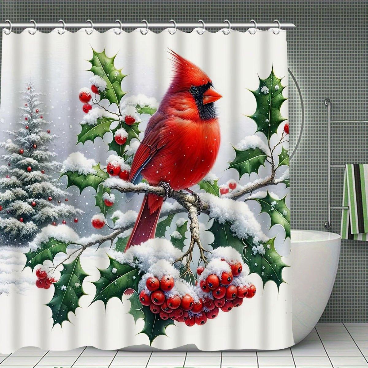 

Рождественский кардинал 4 шт. Зимнее украшение Набор шторки для душа с 12 крючками, Шторка для душа, Нескользящий коврик для ванной, Чехол на сиденье унитаза 180x200cm