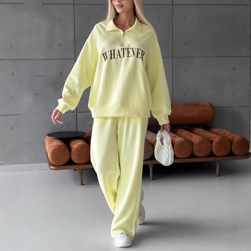 Europe, America, Cross-border, Women's Clothing 2025 New Fashion Casual Suit Printed Long-sleeved Sweater Zipper Trousers Two-piece Set