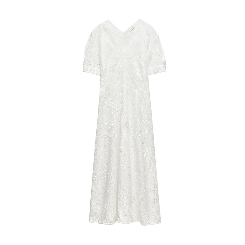 

Spring New Elegant Elegance Style White V-neck Short Sleeve Mid Length Long Length Cut Out Embroider Dress 2922274 White L