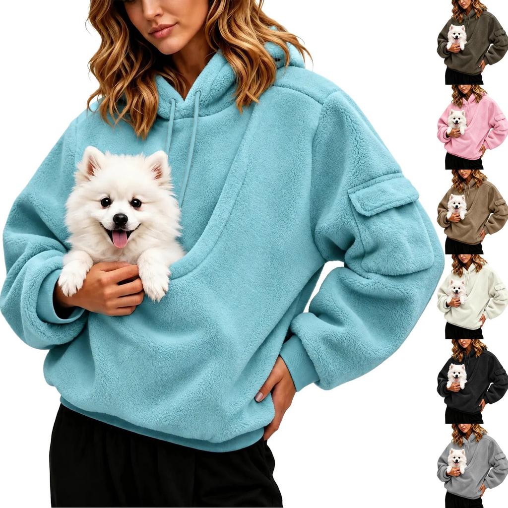 Felpa Casual da Donna in Flanella con Tasca per Animali, Manica Lunga, Pullover