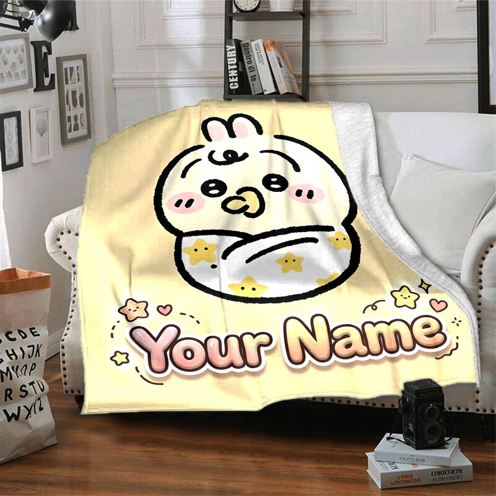 1pc Chiikawa Blanket with Custom Name, Gift, for Men and Women, Soft Blanket, Good for Sofa Bed Couch Travel, Lightweight Flannel Blanket