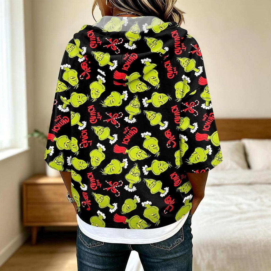 Women's Casual 3/4 Sleeve Hooded Christmas Print Top Festive Pullover T-Shirt for Holiday Outfits