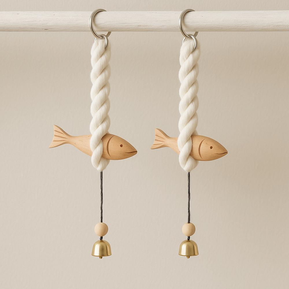 Marine Beach Themed Wood Fish Sculpture Hand Carved with Bell Fish Door Chimes Handcrafted Rustic Fish Wall Hanging Decor
