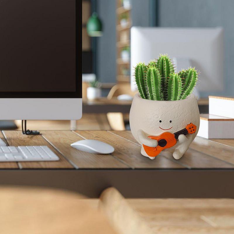 Cute Head Flower Pots Guitar Boy Shape Smile Face Planter Drainage Design Planter Pots With Drainage Design Flower Planter