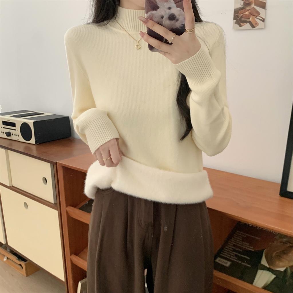 Winter 2025 semi-turtleneck knitted sweater women's thickened integrated fleece warm inner top simple solid color bottoming shirt